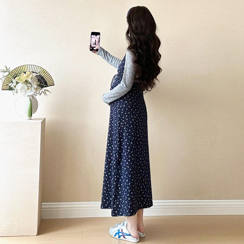 Frühling 2025 Schwangerschaft Koreanisch Elegant Blau Floral Taillenbetonendes Weste-Kleid Set