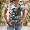 Women Plus Size Keyhole Ring Neck Cold Shoulder Short Sleeve Top Geometric Grid Print Black White Gray