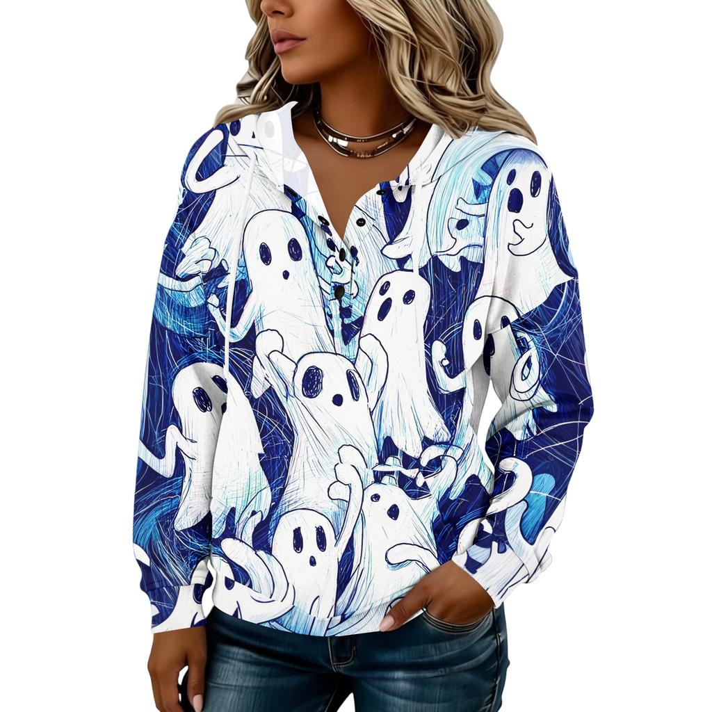 Women's Halloween Print Hoodie with Button Front - Long Sleeve Pullover Sweatshirt