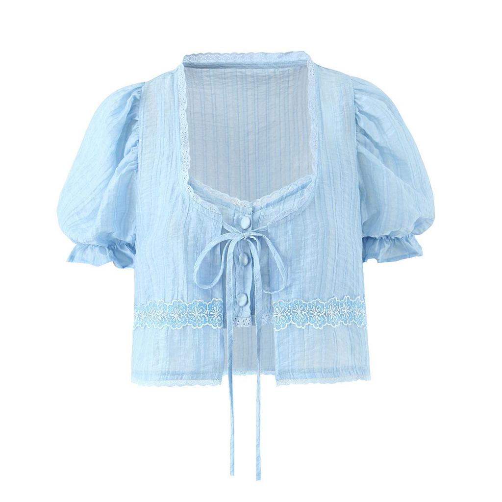 2026 Women's Embroidered Two-Piece Set: Sweet & Spicy Slim Fit Puff Sleeve Lace-Up Shirt + Short Camisole Vest