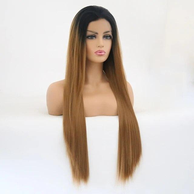 

Синтетический парик спереди, золотисто-коричневый, прямой, длинный для чернокожих женщин, детские волосы, термостойкие, предварительно сорванные, повседневные парики 18inches-Lace Front