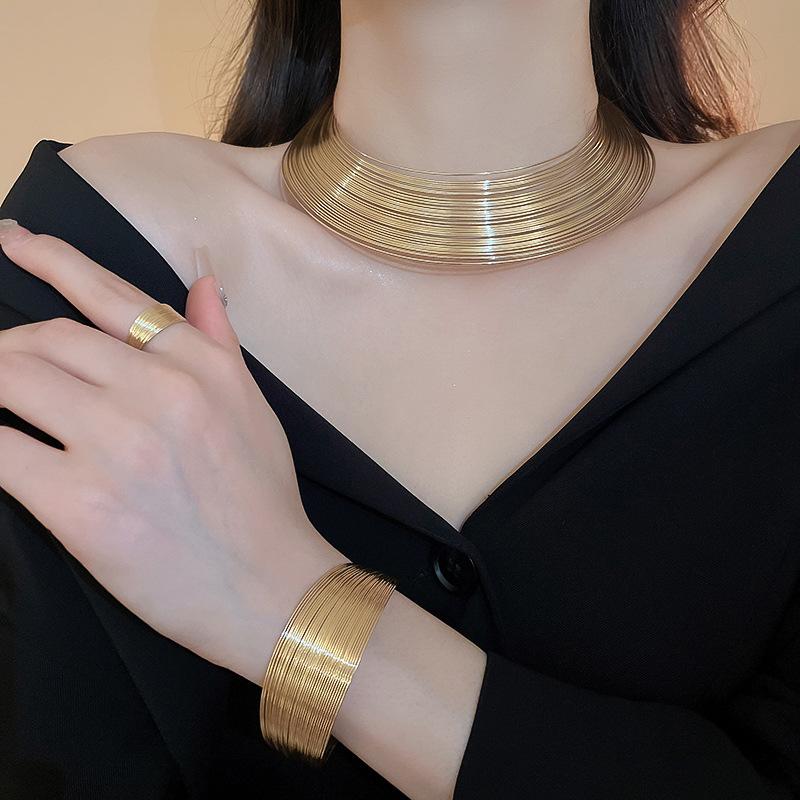 New 4 Pcs Metal Gold Color Geometric Multi-layer Necklaces for Women Heavy Industry Bangles Round Earrings Fashion Zircon Sets