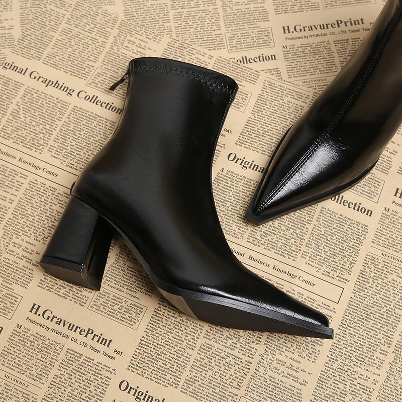 High Heels Women Ankle Boots Chunky Pointed Toe Leather Shoes Pumps Winter Women'S Boots New Elegant Fashion Mujer Botas