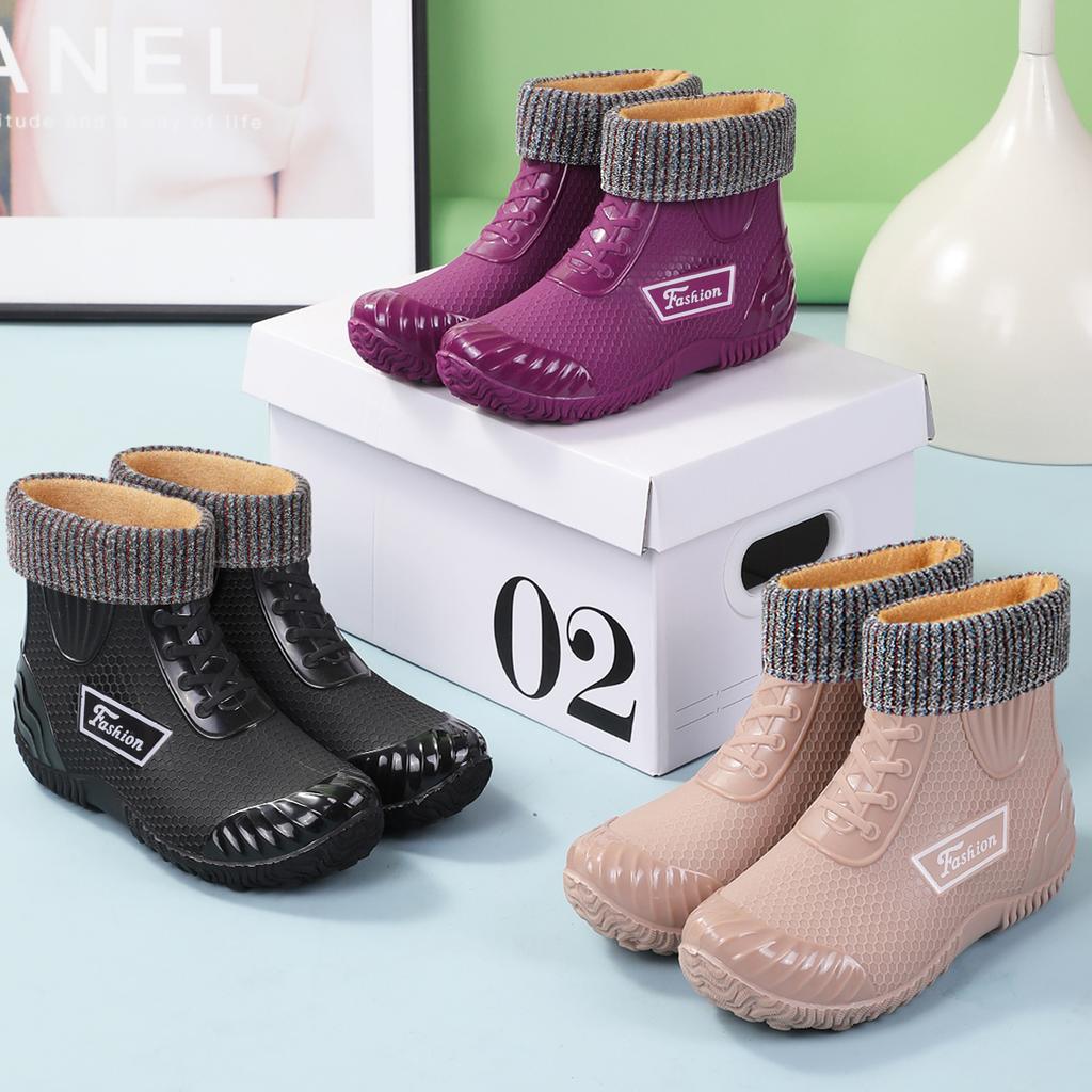 Rain shoes women's adult short tube velvet fashion rain boots warm waterproof boots non-slip thick sole wear-resistant outdoor work shoes