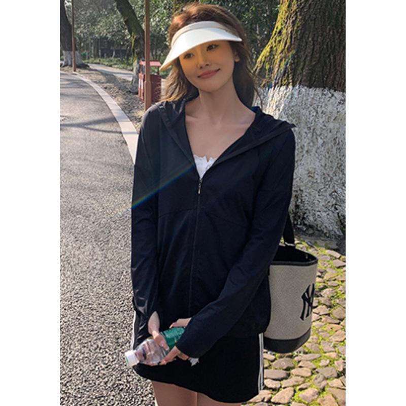 

Женская летняя серая куртка с капюшоном для защиты от солнца 2025 - Легкая из ледяного шелка на молнии L [105-120 lbs]