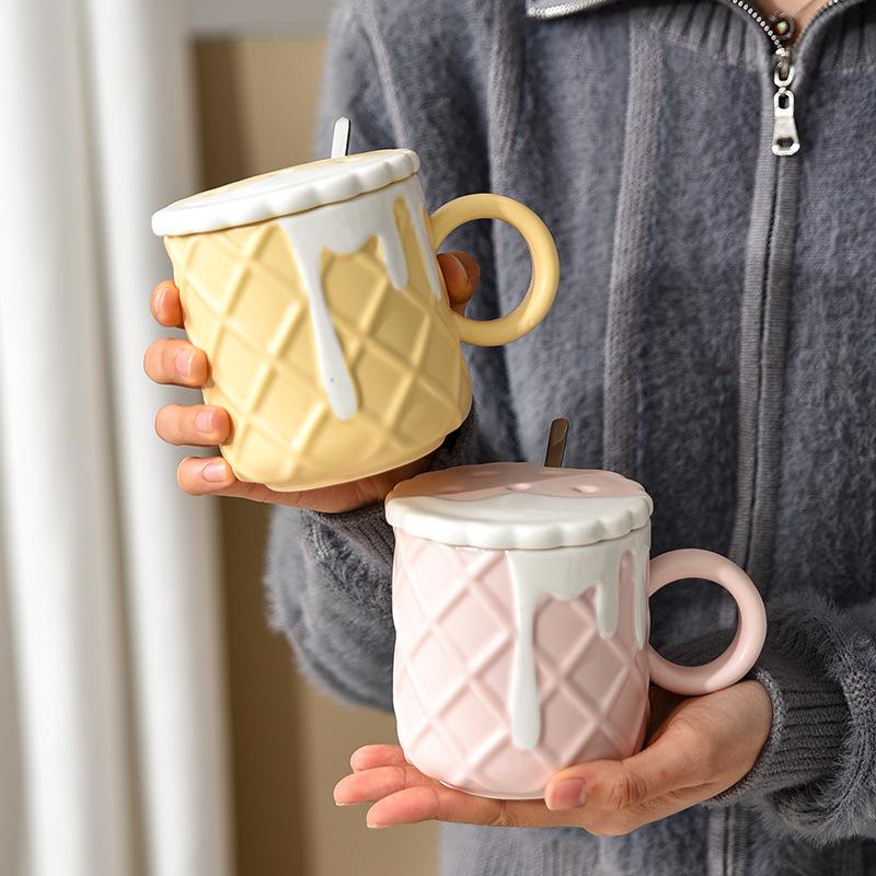 Creamy Style Biscuit Mug Ceramic High Looking Creative Cup with Lid Spoon Cute Girl Couple Drinking Water for Home Use
