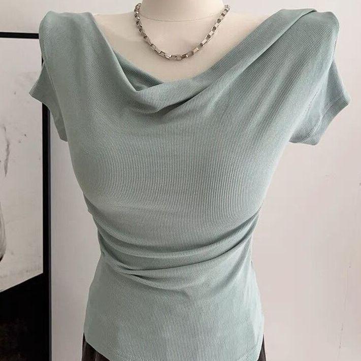 

Летний корейский облегающий топ из модала с универсальным дизайном воротника XL (57.5-65 kg) чирковый