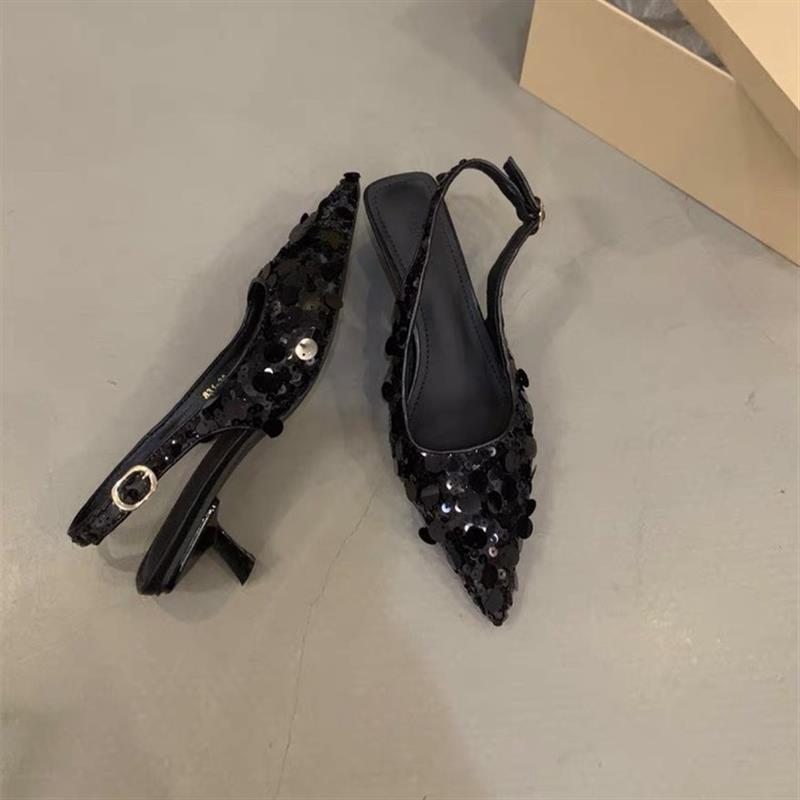French sequined beautiful bag head sandals 2025 spring new one-word belt niche bag head lightweight pointed high heels