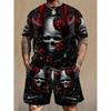 Men's Casual T-Shirt, 3D Digital Printing Skull Rose Elements, Two-Piece Set, Summer Sportswear Fashion