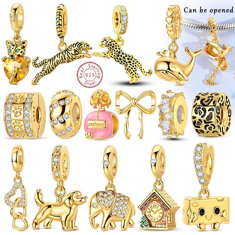 Guld Original Berlock Pärla Koppar Leopard Kors Hundben Jord Flygplan Berlock Passar Armband Hänge Kvinnor Gör-det-själv Smycken