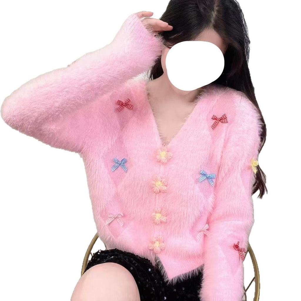 Elegant White Imitation Mink Fur V-Neck Sweater for Women - Autumn/Winter Three-Dimensional Floral Button-Down Cardigan with Stunning Bow.