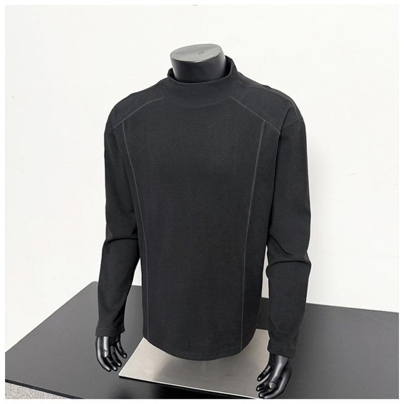 Spring Autumn New American Long-sleeved T-shirt Sweatshirt Top for Men's Stand-up Collar Solid Color Casual Loose Pullover
