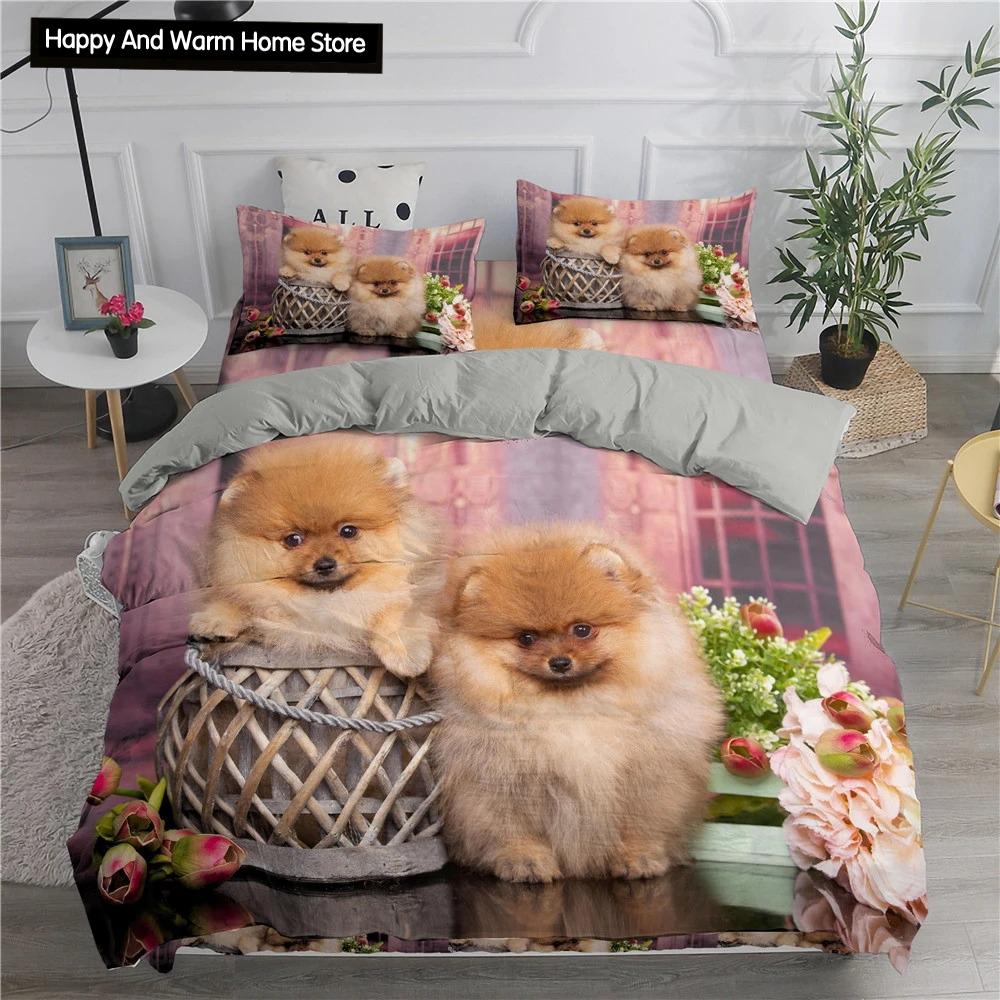 Comforter Pomeranian Dog King Queen Puppy Bedding Set For Teens Adults Pet Animal Colorful Sky 2/3Pcs Polyester