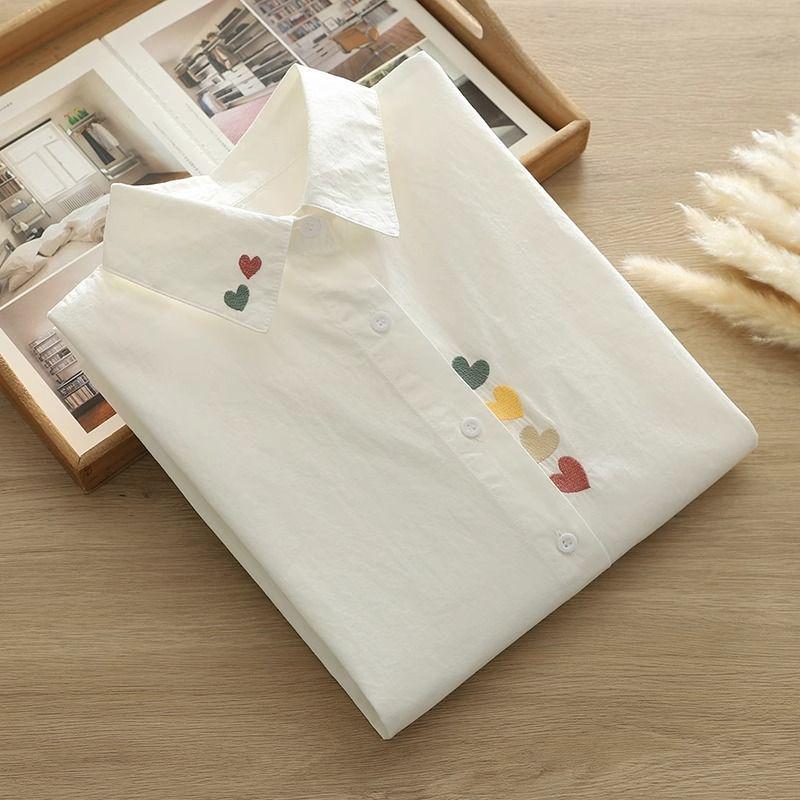 2025 Spring & Autumn Women's Embroidered Long Sleeve White Shirt - Fresh, Versatile, Age-Reducing Student Fashion