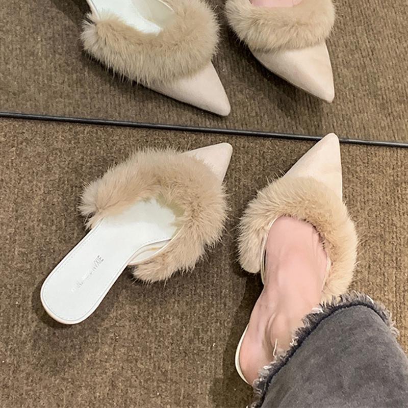 

Fashion Fur Women High Heels Slippers Pointed Toe Slingback Mules Shoes Fashion Sexy Pumps 2025 Winter Designer Luxury Botines Mujeres 39