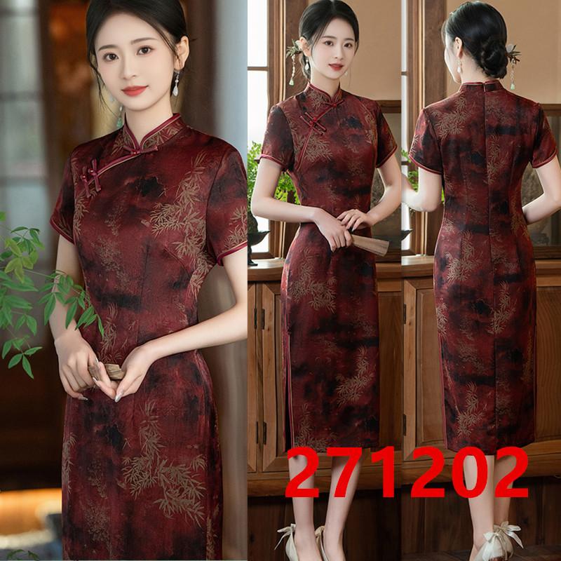 1011 New Summer Improved Short Sleeve Female Middle-aged Mom New Chinese Medium and Long Slim High-end Acetate Satin Cheongsam