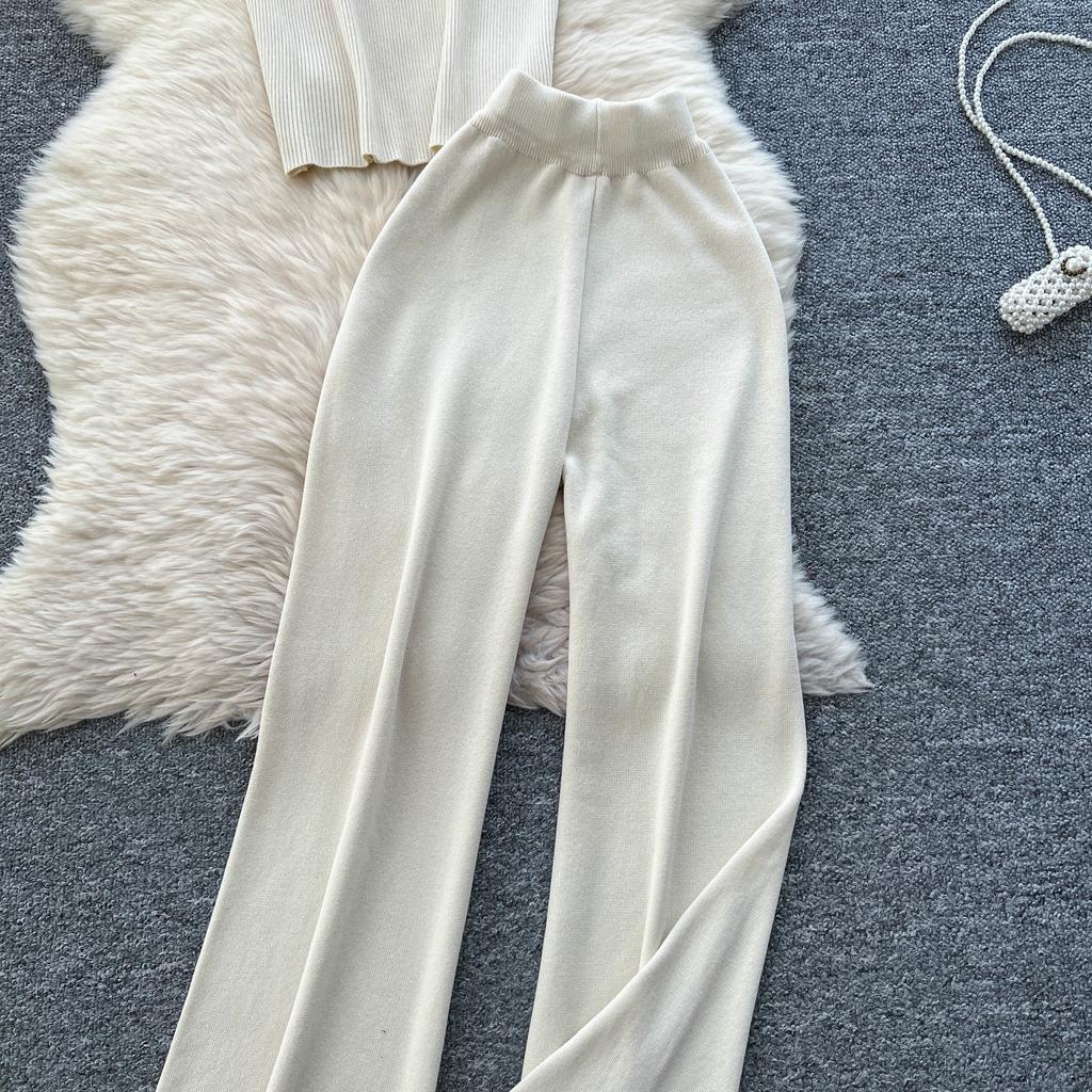 Set de vară pentru femei, casual, cu pulover tricotat în dungi și pantaloni, din două piese, topuri pulover fără mâneci și costum cu pantaloni cu picior lat