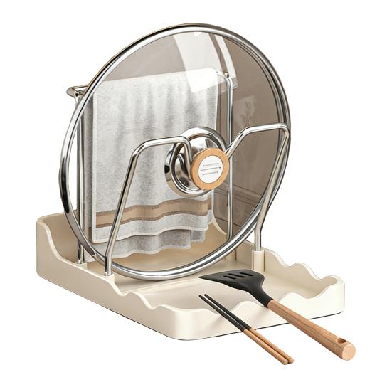 Countertop Pot Lid Holder Pan Lid Storage Rack with Drain Tray Pot Lid Stand with Spoon Rest While Cooking Kitchen