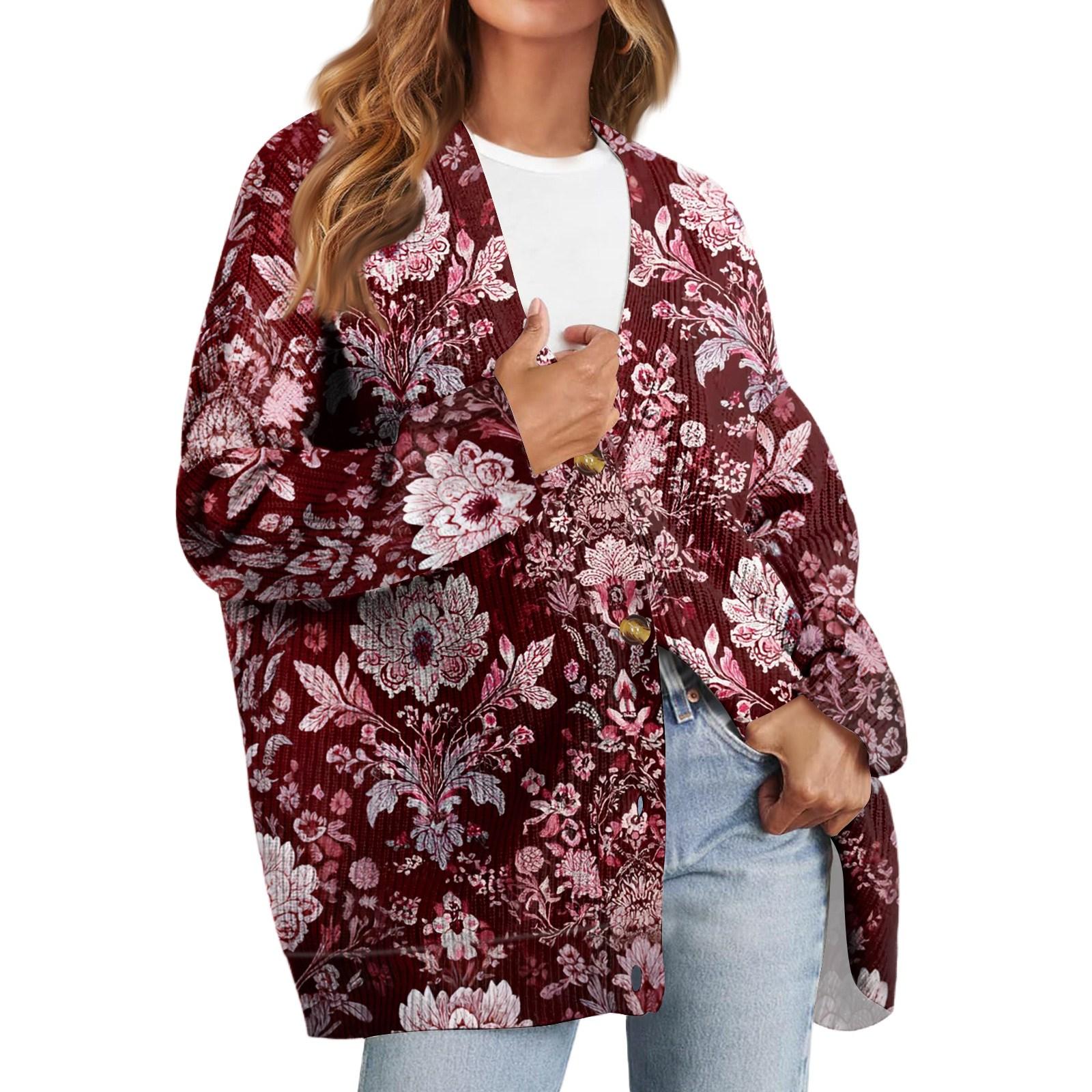 

Women s Fashion Long Sleeve Print V-Neck Button Loose Cardigan Top XL винний