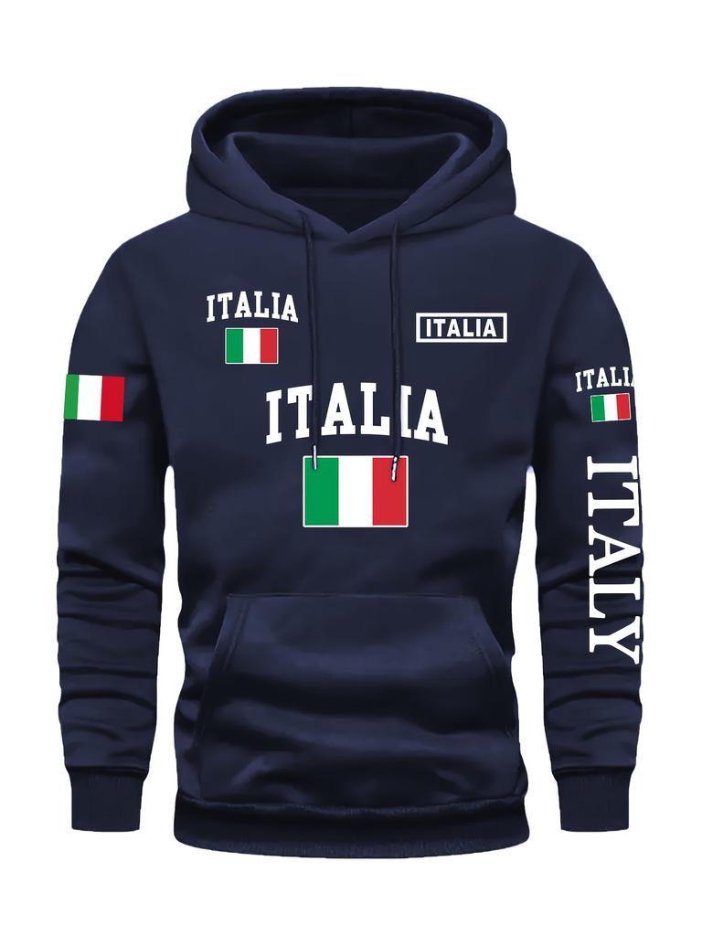 Men's Stylish Graphic Hoodie Black Casual Pullover Front Pocket Comfortable Polyester Blend Machine Washable Italy Sweatshirt