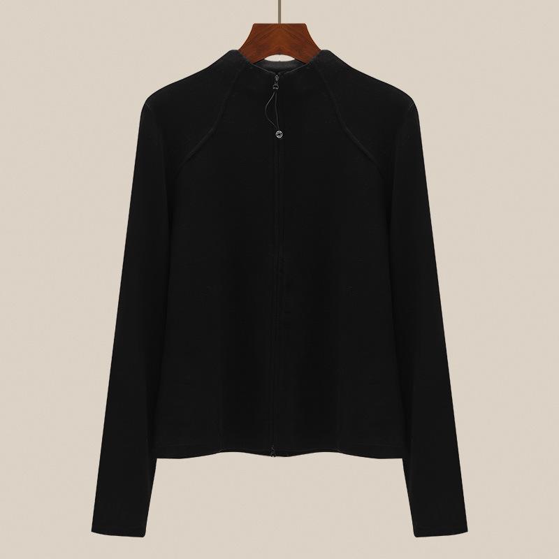 

270g Herringbone Velvet High Neck Double Zipper Cardigan - Women s Autumn & Winter Base Layer Shirt L чёрный