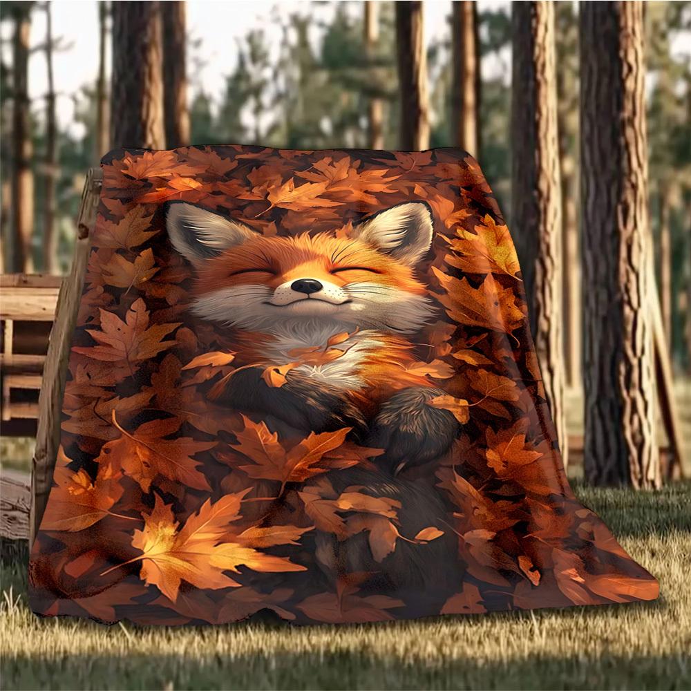 1pc Autumn Leaves, Fox Print Outdoor Blanket, Lightweight Polyester,