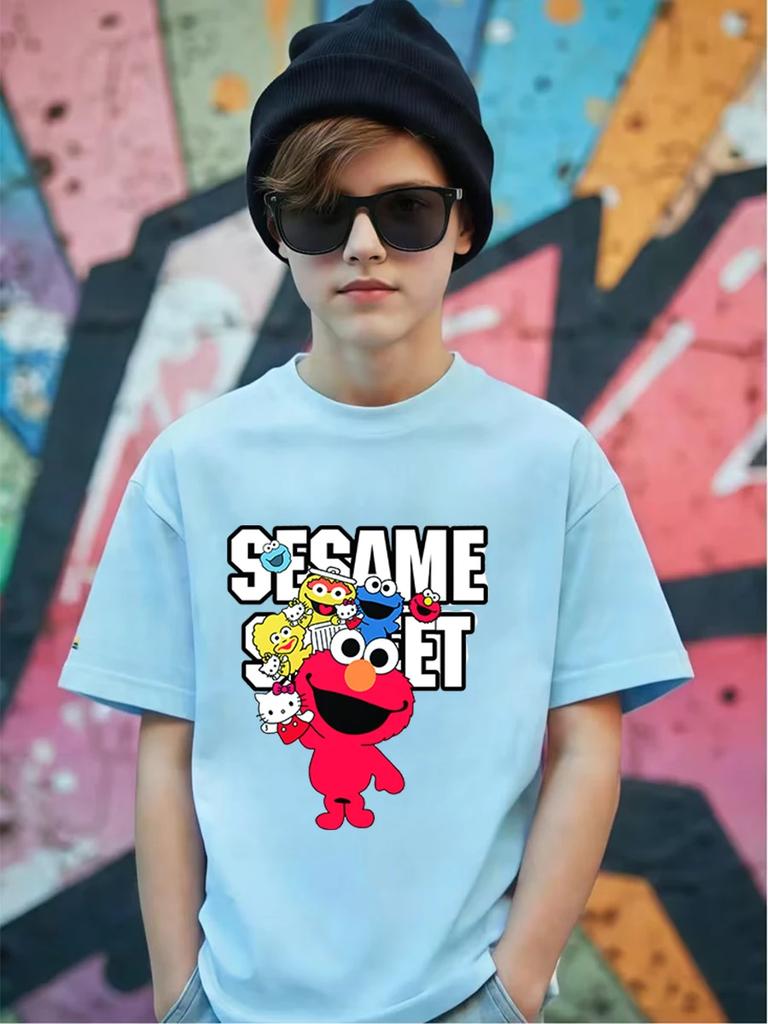 Elmo Sesame Street Kids Short Sleeve T Shirt Summer Cute Cartoon Crewneck Boys Girls 3-14