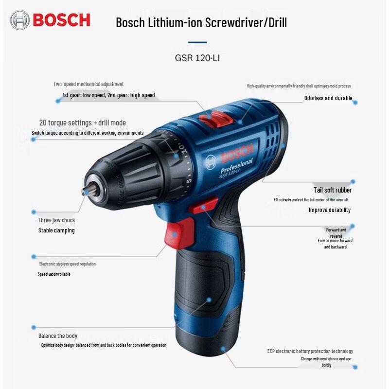 Bosch 12V Cordless Drill/Driver GSR120-Li CN plug (adapter included)