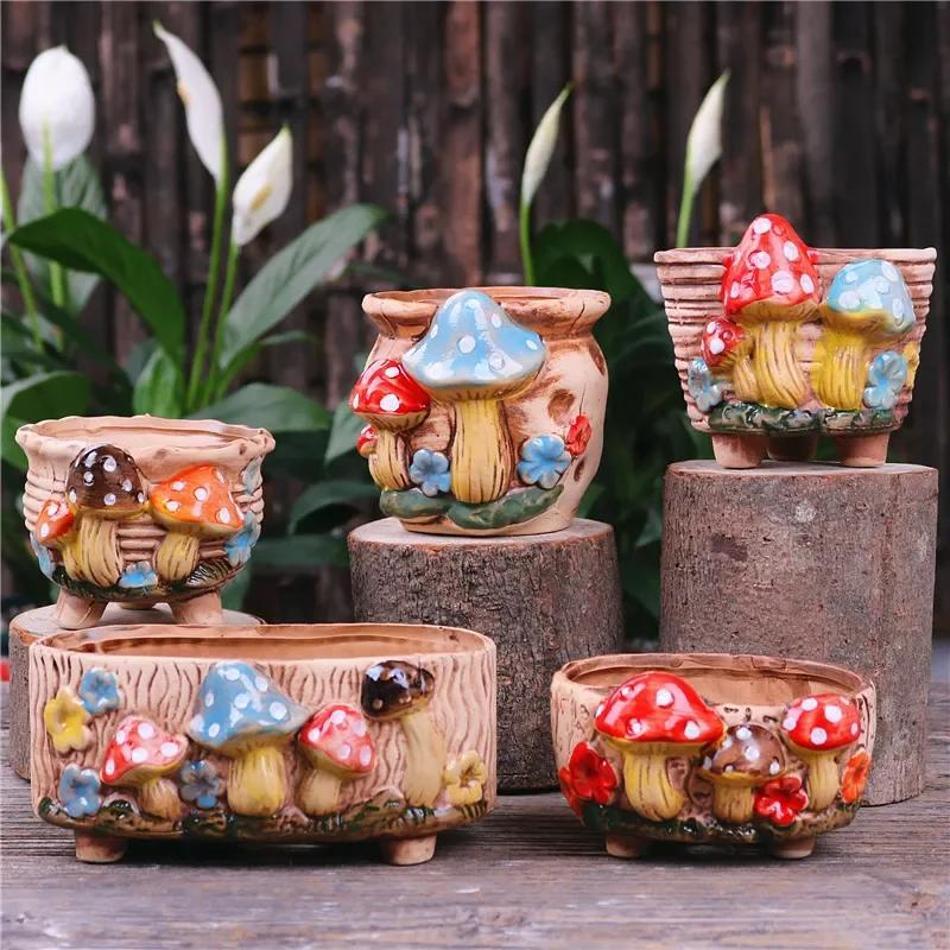 Mushroom Stoneware Succulent Flower Pot Living Room Decoration Planter Vintage Handicrafts Bonsai Pots Fairy Garden Personality