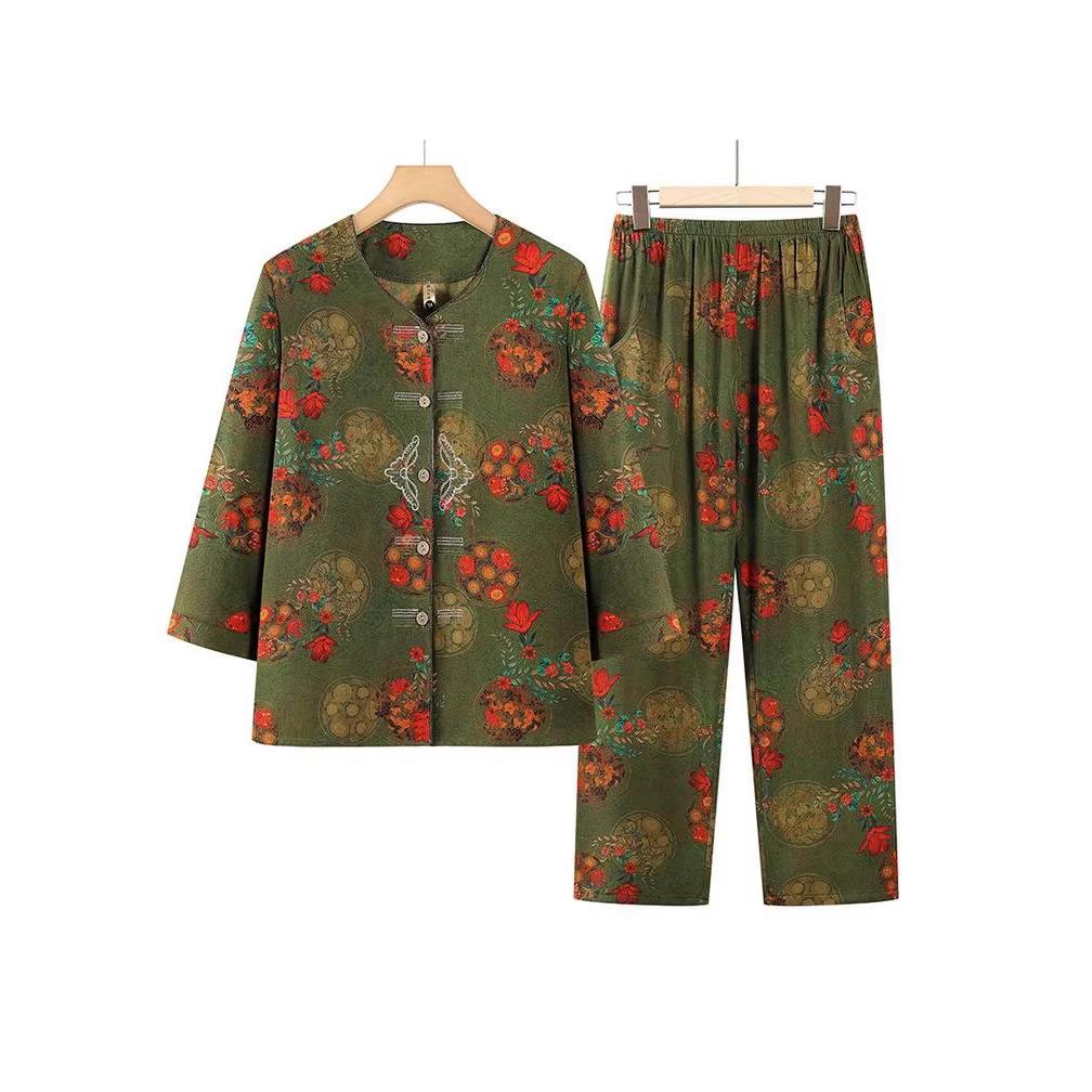 Plus Size Cotton Linen Floral Suit - Two-Piece Homewear Set for Middle-Aged & Elderly Women