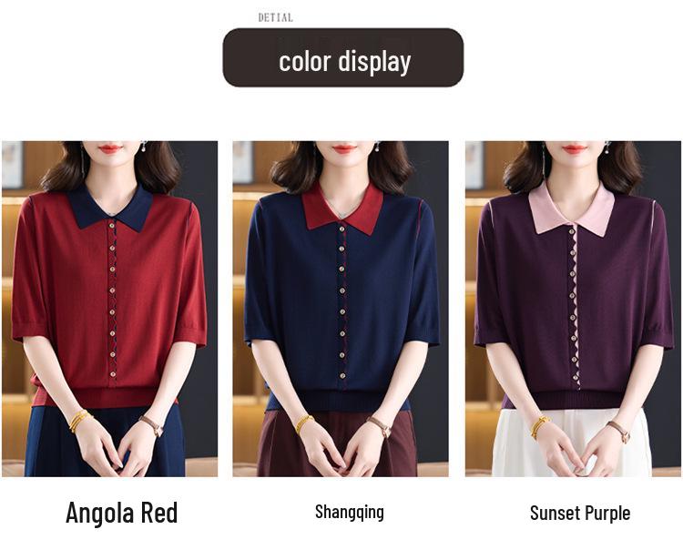 Spring-Autumn Mid-Sleeve Knit Top for Women - Loose Fit, Slimming, Solid Color Lyocell Sweater