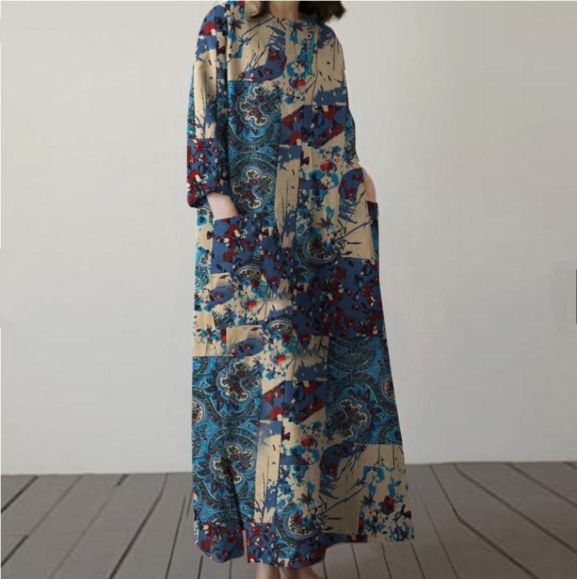 

Хлопково-льняное женское платье-пуловер большого размера с ретро-принтом 2023 4XL синий