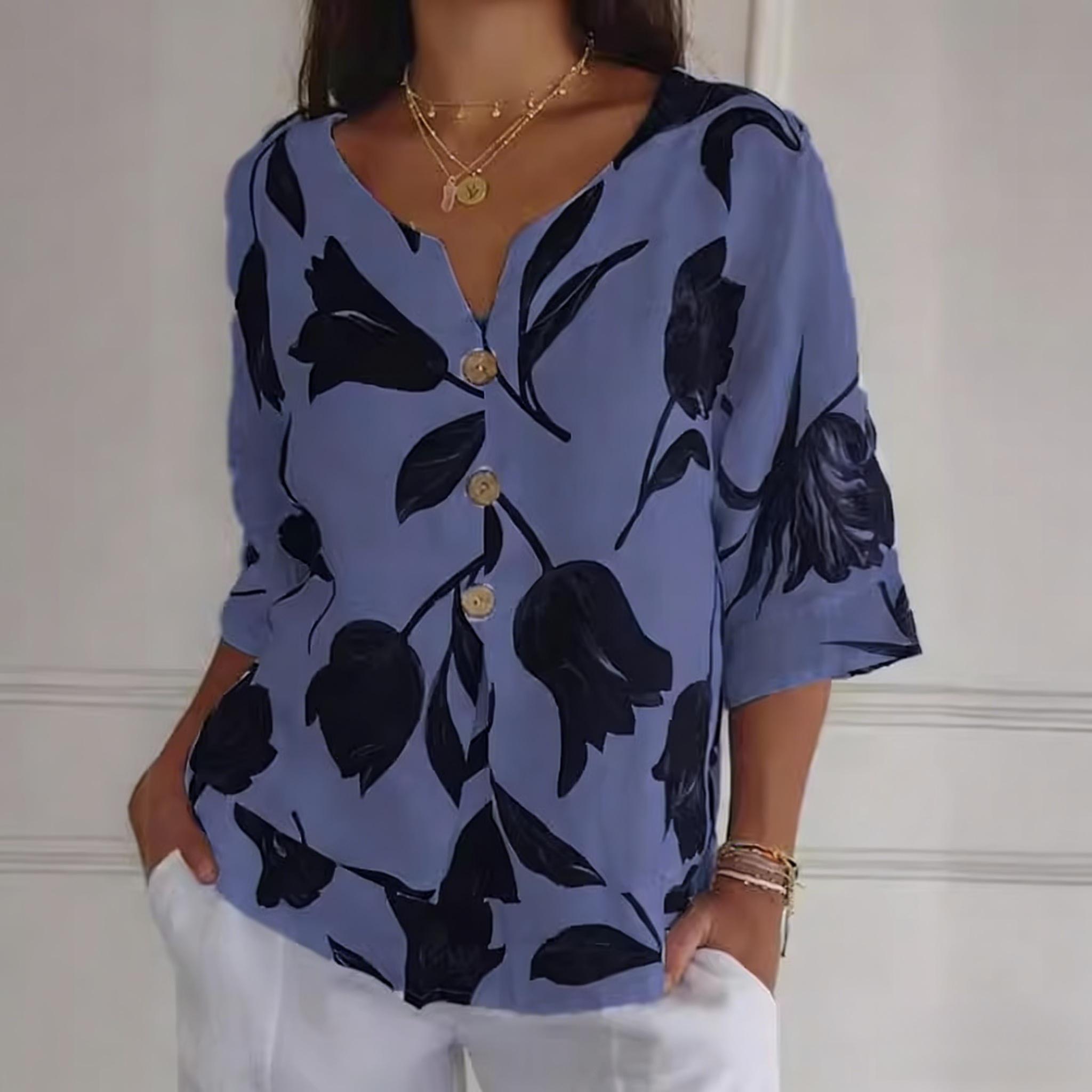 

Women s Floral Print Loose T-Shirt Plus Size V-Neck Short Sleeve Casual Oversize Blouse For Ladies Summer Clothes 5XL синій