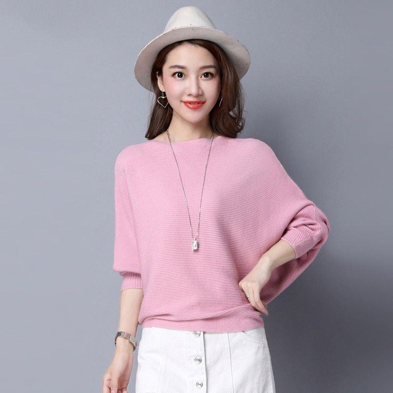 Spring and Autumn Loose One Collar Bat Bat Sweater Women's Bottom Knitted Sweater New Long Sleeve Solid Color Top