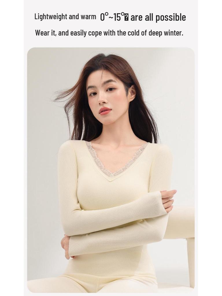 Women's Cashmere & Silk Lace V-Neck Long Sleeve Slimming Top Set