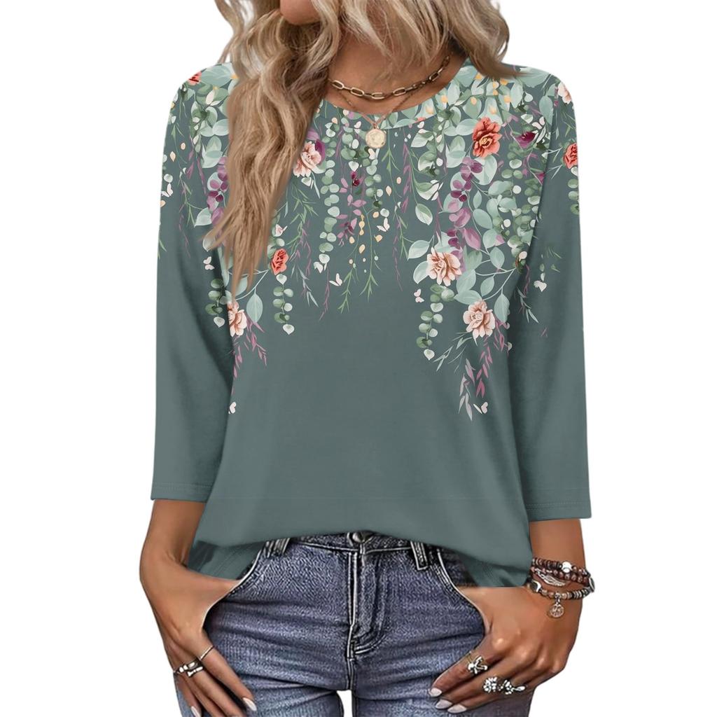 343/4 Sleeve Shirts For Women Cute Print Graphic Tees Blouses Casual Plus Size Basic Tops Pullover