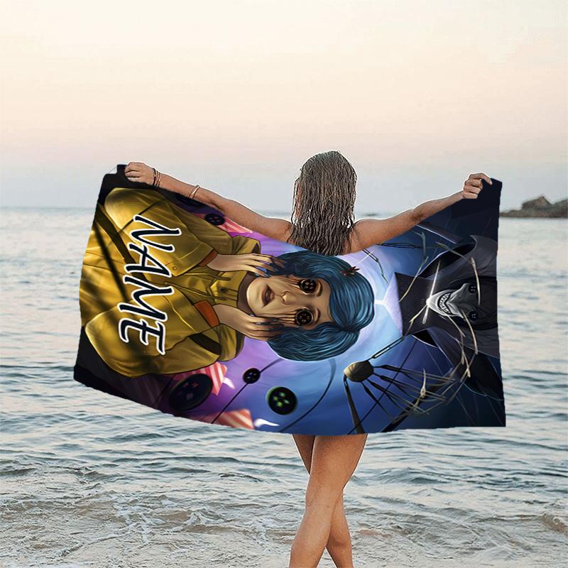 1pc Coraline5 Beach Towel with Custom Name, Beach/Swimming/Bath/Picnic/Camping Towel, Suitable for Seaside Beaches