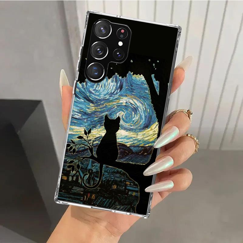 Schwarze Katze Cartoon Niedliche Handyhülle für Samsung Galaxy S26 S24 S23 Ultra S25 Edge S22 S21 Plus S20 FE + Weiche Druckschale Funda Gal