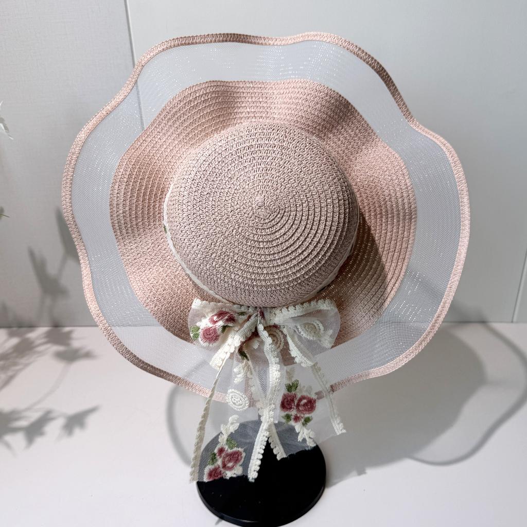 Wave edge flower woven straw hat women's summer seaside vacation sun hat large brim shading sun protection hat