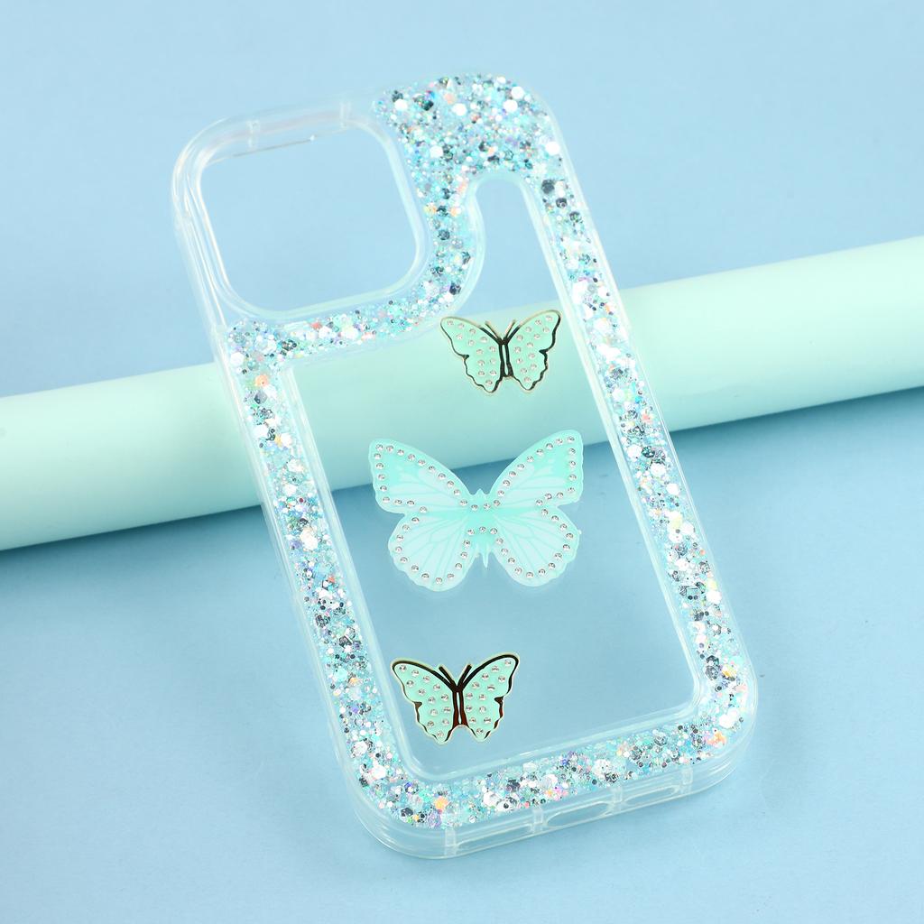 For iPhone 14 Pro Max Case DIY Butterfly Glitter Epoxy Soft TPU Phone Back Cover