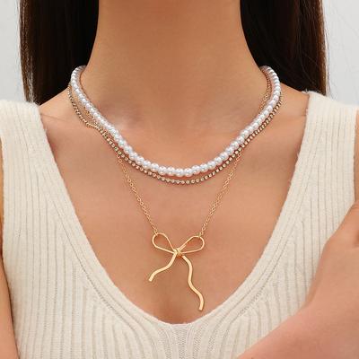 Jewelry Retro Imitation Pearl Multi-layer Chain Stacked Necklace Versatile Temperament Bow Collarbone Chain Women