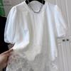Chic Plus Size Puff Sleeve T-shirt with French Lace & Irregular Hem