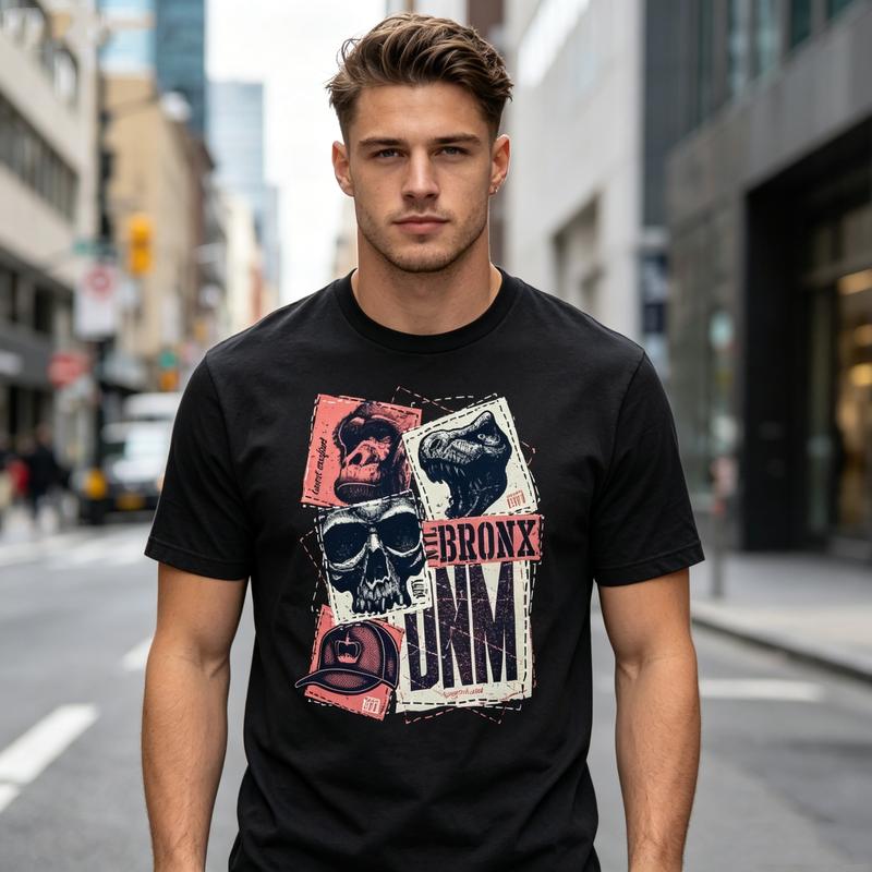 Vintage Bronx Schädel Collage Grafik T-Shirt Unisex Unisex Baumwolle Kurzarm Lässig Streetwear Top Y2k