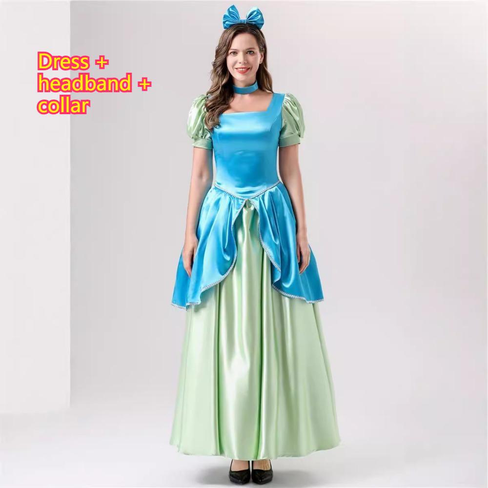 Women Princess Costume Puff Sleeve Square Neck Long Dress with Bow Headband for Halloween Party Cosplay