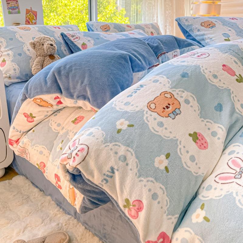 Thickened Milk Fleece Bed Four-Piece Set Warm Student Dormitory Quilt Cover Flannel Three-Piece Set