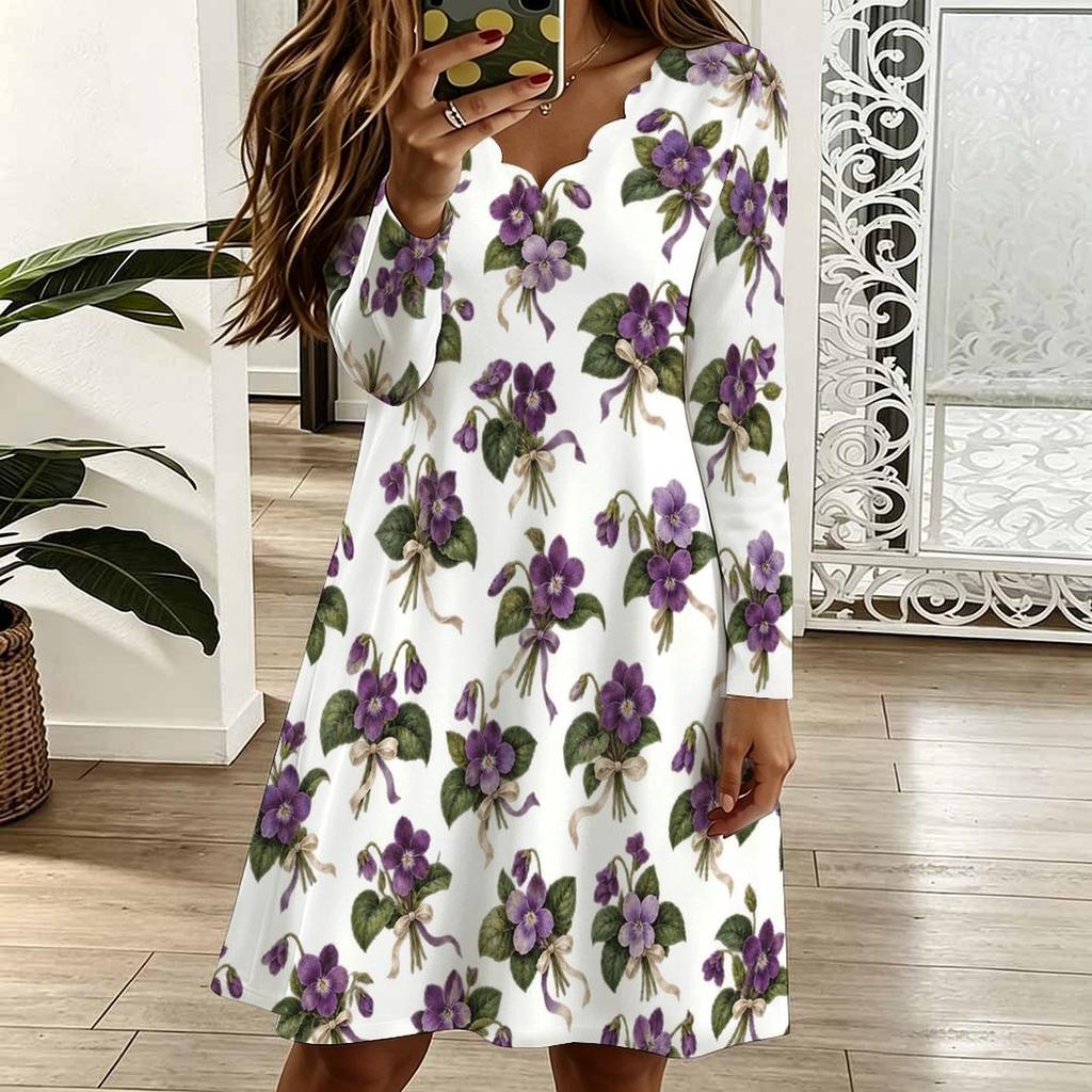Women Plus Size Scallop V Neck Long Sleeve Floral Printed White Dress