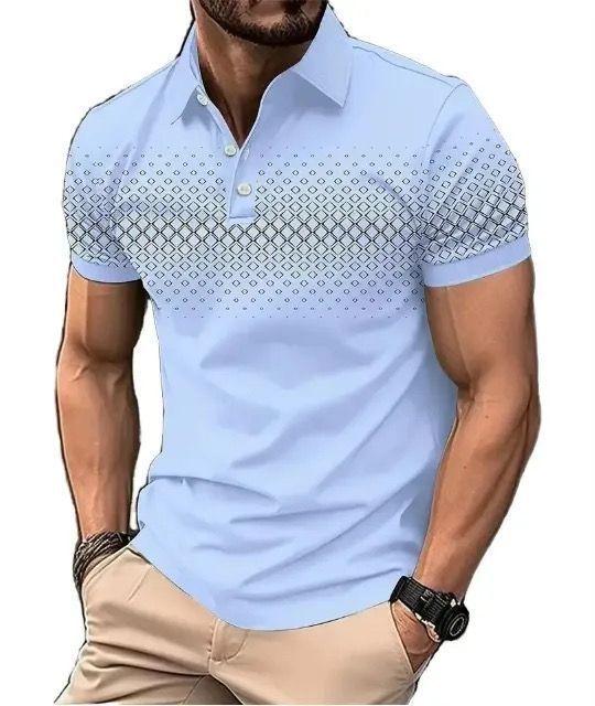 Geometric pattern short-sleeve polo, stylish for casual wear.