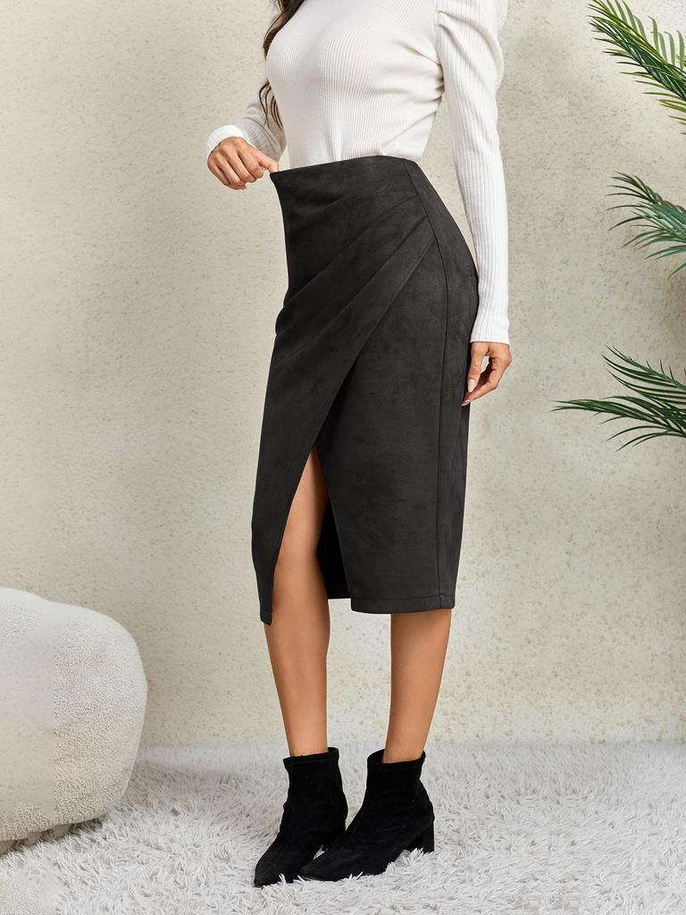 Women's Solid Color Pleated Suede Skirt High Waisted Buckle Wrapped Hip Short Skirt Middle Skirt