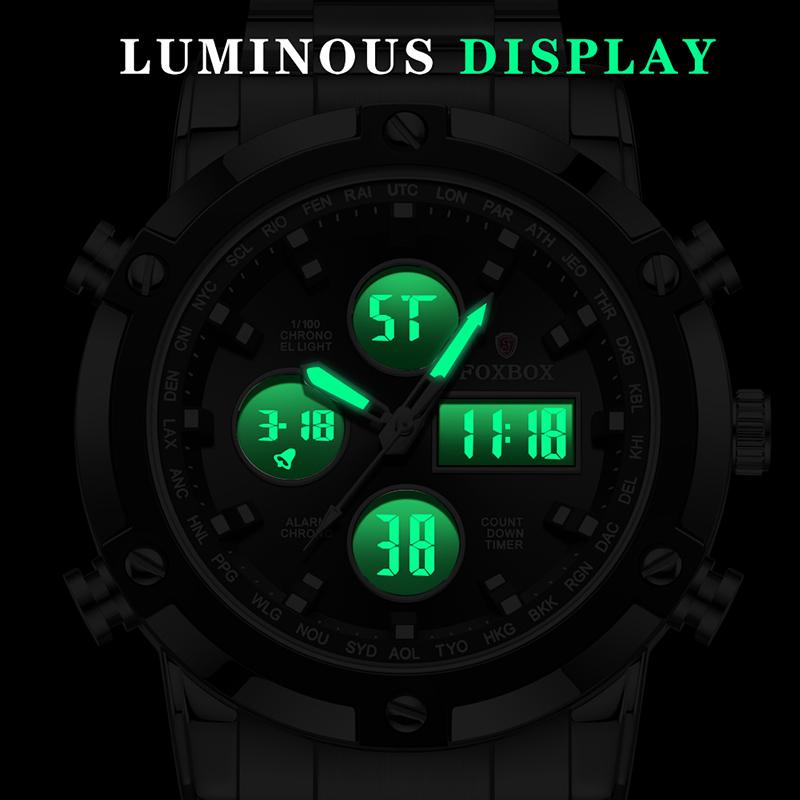 FOXBOX New Digital Mens Watch Fashion Dual Display Quartz Wristwatches Sport Waterproof Steel Luxury Watches Men Gift Reloj