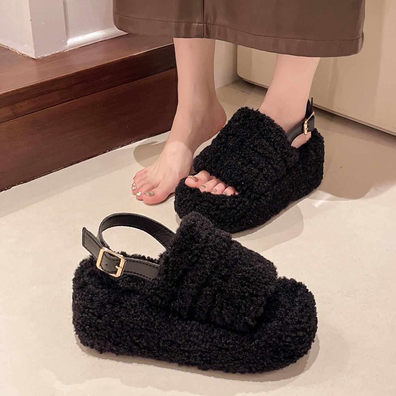 

Versatile heightening thick-soled Mao Mao sandals women wear fashionable autumn and winter wool sandals comfortable and warm Mao Mao shoes tide 35 чёрный